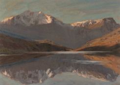 ‡ DAVID WOODFORD (b.1938) oil on board - entitled verso, 'Early Winter, Llyn Ogwen', signed, 20.5