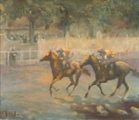‡ PETER HOWELL (1932-2024) oil on canvas - entitled verso, 'Horses Matching Strides'
