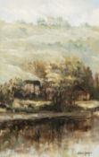 ‡ VALERIE GANZ (1936-2015) oil on board - large landscape with farmstead and lake in the foreground