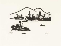 ‡ SIR KYFFIN WILLIAMS RA (1918-2006) limited edition (Artist's Proof) linocut - 'Boats in the Bay