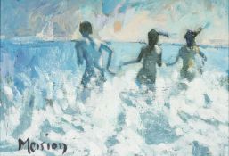 ‡ MEIRION JONES (b.1966) acrylic on board - figures running into the sea