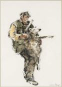 ‡ WILLIAM SELWYN (b.1933) mixed media - shepherd wrestling with sheep pre-shear
