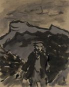 ‡ SIR KYFFIN WILLIAMS RA (1918-2006) mixed media - single standing farmer, mountain range beyond