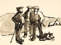 ‡ SIR KYFFIN WILLIAMS RA (1918-2006) inkwash - three farmers and a sheepdog, with a portrait