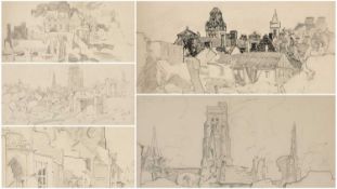‡ WILL EVANS (1887-1957) five pencil sketches - Swansea Blitz scenes including Swansea Castle
