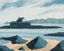 ‡ GWYN ROBERTS (b. 1953) oil on canvas – Ynys Môn (Anglesey) coast, entitled verso ‘Porth Cwyfan