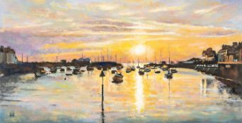 ‡ DAI DAVID (b.1968) gouache - Aberaeron harbour at sunset