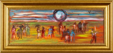 ‡ ANDREW VICARI (b.1932) oil on canvas - figures in landscape under sun