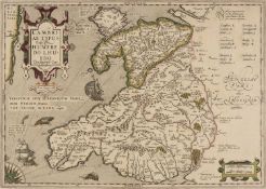 HUMPHREY LLWYD (1527-1568) Cambriae Typus map of Wales with later tinting, 39 x 52cms