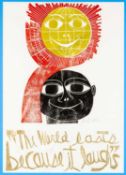 ‡ PAUL PETER PIECH (1920-1996) four colour woodcut print - smiling figure holding aloft a globe