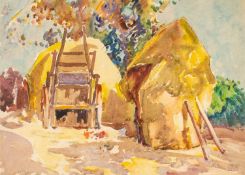 ‡ WILL EVANS (1887-1957) watercolour - hay cart harvesting, believed Port Eynon