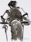 ‡ MIKE JONES (1941 - 2022) mixed media - farmer with a stick leaning over fence