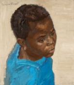 ‡ GORDON STUART (1924-2015) oil on board - portrait of young African lady in a blue dress
