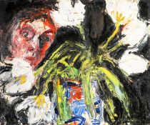 ‡ SHANI RHYS JAMES MBE (b.1953) oil on gesso - entitled verso, 'Head Behind Tulips' on Martin Tinney