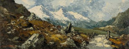 ‡ CHARLES WYATT WARREN (1908-1993) oil on board - entitled verso, 'Snowdon in Winter'