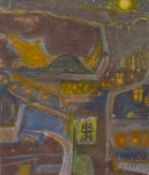 ERNEST ZOBOLE (1927-1999) mixed media on paper - abstract landscape with house and figure in window