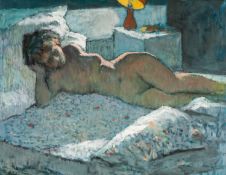 ‡ JOHN ELWYN (1916-1997) oil on board - nude reclining, signed verso