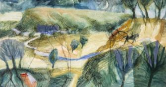 ‡ ELERI MILLS (b.1955) gesso, paint, ink & thread on fabric - entitled verso, 'Marchog (Rider)'