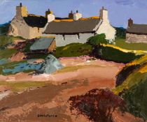 ‡ DONALD McINTYRE (1923-2009) oil on board - entitled verso, 'Anglesey Cottages'
