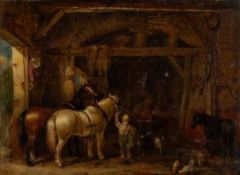 MANNER OF JOHN FREDERICK HERRING JNR. (1815-1907) oil on canvas - stable interior with ponies