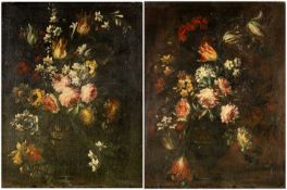 18TH CENTURY FLEMISH SCHOOL oil on canvas - still life of flowers in a vase; and a companion