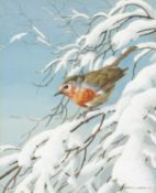 ‡ BASIL EDE (1931-2016) watercolour – winter scene with robin on branch, signed, 30 x 24cms