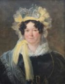 E.F. LAMBERT (fl. 1823-1846) oil on canvas - portrait of a lady in lace bonnet, inscribed verso