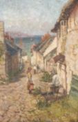 TOM CLOUGH RCA (1867-1943) oil on canvas - Steep Cornish street scene, probably Clovelly, signed and