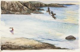 ‡ JACKIE MORRIS (b. 1961) watercolour - figure on windy beach with chough overhead, signed
