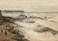 WILLIAM LIONEL WYLLIE (1851-1931) oil on board - Shipwreck on the French Coast, signed and dated