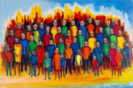 ‡ CELEST (Contemporary) acrylic on canvas - 'Refugee Series', figures standing, signed and dated