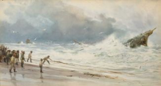 CHARLES SIM MOTTRAM (1807-1876) watercolour - dynamic Cornish shipwreck scene