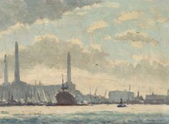 ‡ HUGH BOYCOTT BROWN R.S.M.A. (1909-1990) oil on panel - London Thames with working boats