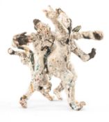 ‡ MICHAEL FLYNN (1947-2025) Raku sculpture - dancing figures with dog, circa 2015, 36cms (h)