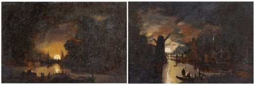 ATTRIBUTED TO JOHN CROME SNR (1768-1821) oil on panel - Moonlit coastal waterway, and a companion