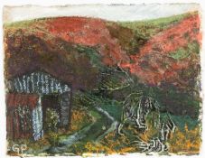 GWILYM PRICHARD mixed media on card - entitled verso 'Barn-cwm-becher', signed with initials,