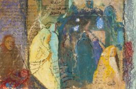 GWILYM PRICHARD mixed media on card - group of worshippers, signed with initials, 12 x 18cms