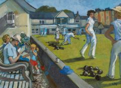 CLAUDIA WILLIAMS oil on canvas - entitled verso 'Ladies' Game at the Bowling Green', signed with