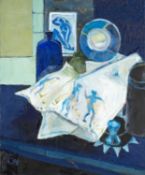 CLAUDIA WILLIAMS oil on canvas - entitled verso 'The Embroidered Cloth and Matisse Postcard', signed