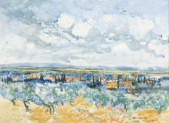 GWILYM PRICHARD mixed media - large Continental landscape, 53 x 73cms