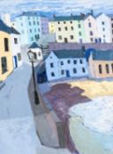 GWILYM PRICHARD oil on canvas - view of Tenby, entitled verso 'Road to the Harbour', signed with