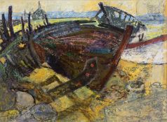 GWILYM PRICHARD mixed media on board - beached boat, entitled verso 'Carcass 2', signed, 53 x