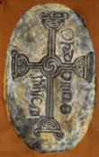 GWILYM PRICHARD oil on board - Celtic stone with Celtic inscription, circa '68, signed 71.5 x 44cms