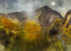 GWILYM PRICHARD watercolour - Yr Wyddfa with moon and mist, fully signed, 53 x 74cms
