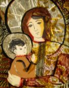 CLAUDIA WILLIAMS collage and oil on glass - portrait of the Virgin Mary and child, unsigned, 50 x
