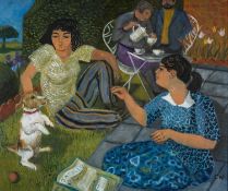 CLAUDIA WILLIAMS oil on canvas - entitled verso 'Tea with Montague', signed with initials, fully