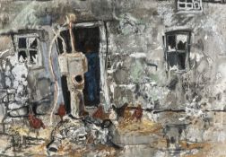 GWILYM PRICHARD mixed media - entitled verso 'Farm Pump and Red Hens', signed, 34 x 49cms