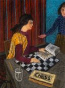 CLAUDIA WILLIAMS pastel on card - figures playing chess, signed with initials, 39 x 29cms