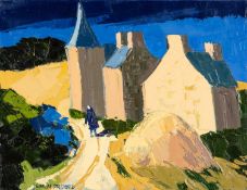 GWILYM PRICHARD oil on canvas - French landscape and buildings with figure, signed, 50 x 65cms