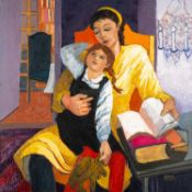 CLAUDIA WILLIAMS oil on canvas - mother and restless daughter in school-uniform reading, signed,